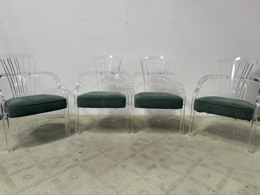 Just Added - Set of (4) Hill MFG Sculptural Lucite Dining Chairs with Green Velvet Upholstered Cushions 22'W x 25'D x 32'H [Photo 2]