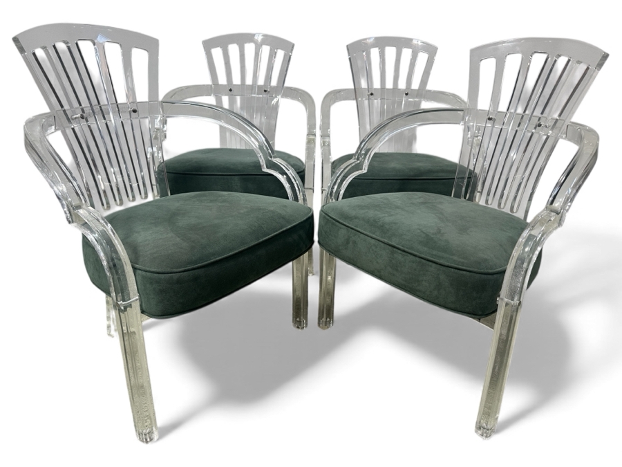Just Added - Set of (4) Hill MFG Sculptural Lucite Dining Chairs with Green Velvet Upholstered Cushions 22'W x 25'D x 32'H
