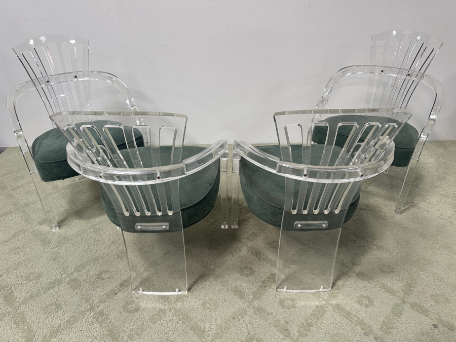 Just Added - Set of (4) Hill MFG Sculptural Lucite Dining Chairs with Green Velvet Upholstered Cushions 22'W x 25'D x 32'H [Photo 9]