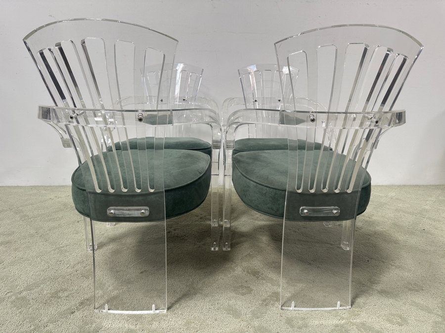 Just Added - Set of (4) Hill MFG Sculptural Lucite Dining Chairs with Green Velvet Upholstered Cushions 22'W x 25'D x 32'H [Photo 5]
