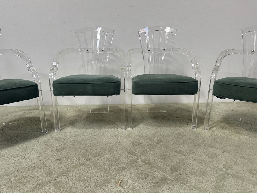 Just Added - Set of (4) Hill MFG Sculptural Lucite Dining Chairs with Green Velvet Upholstered Cushions 22'W x 25'D x 32'H [Photo 4]