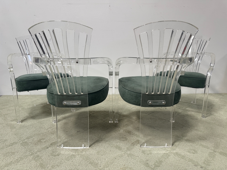Just Added - Set of (4) Hill MFG Sculptural Lucite Dining Chairs with Green Velvet Upholstered Cushions 22'W x 25'D x 32'H [Photo 7]