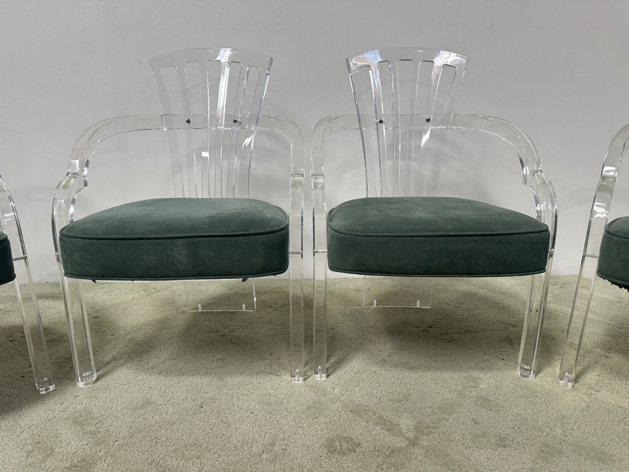 Just Added - Set of (4) Hill MFG Sculptural Lucite Dining Chairs with Green Velvet Upholstered Cushions 22'W x 25'D x 32'H [Photo 3]