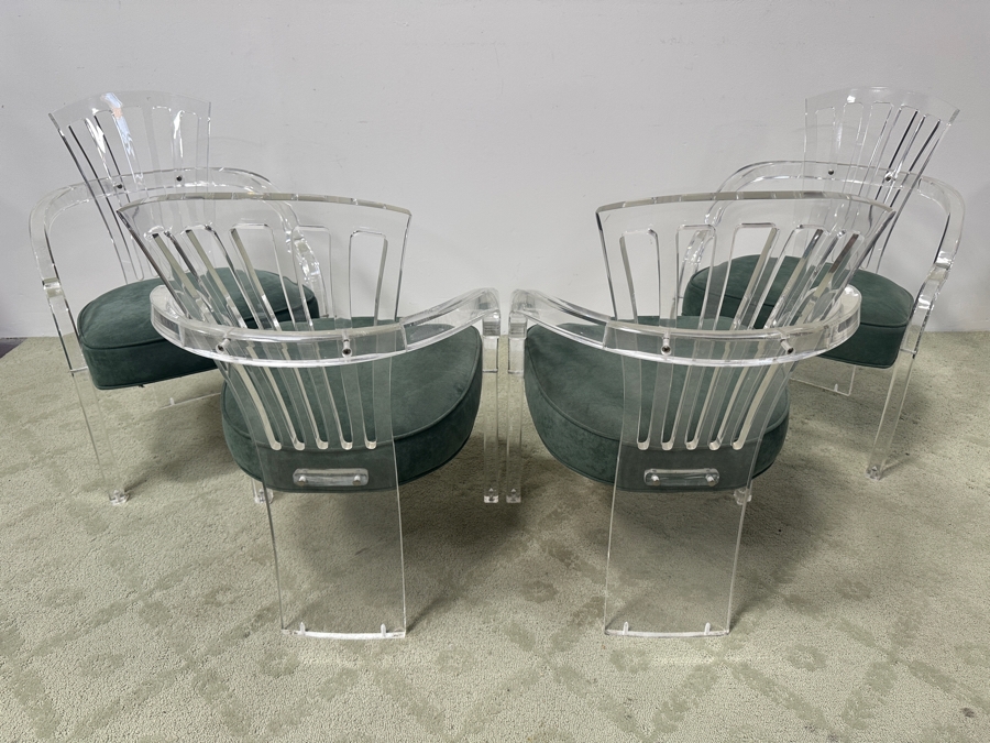 Just Added - Set of (4) Hill MFG Sculptural Lucite Dining Chairs with Green Velvet Upholstered Cushions 22'W x 25'D x 32'H [Photo 8]