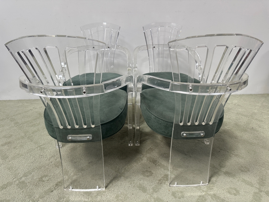 Just Added - Set of (4) Hill MFG Sculptural Lucite Dining Chairs with Green Velvet Upholstered Cushions 22'W x 25'D x 32'H [Photo 6]