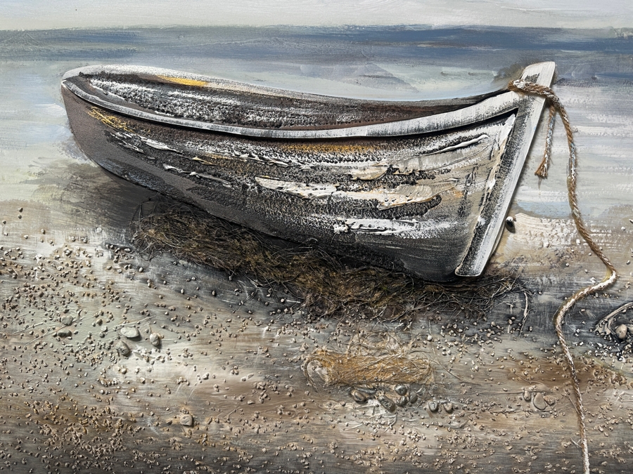Just Added - Mixed Media Boat On Shore Canvas Artwork 60 X 27 Retails $149 [Photo 2]