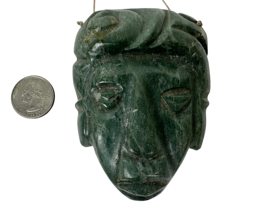 Just Added - Carved Green Stone Mayan Warrior Carving Pendant 3' X 4' 187g [Photo 2]