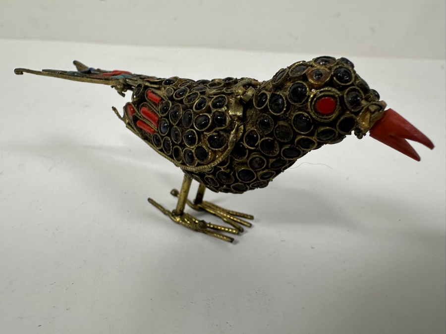 Just Added - Old Nepalese Tibetan Brass Filigree Bird Figurine With Inlaid Stones 4'L [Photo 3]