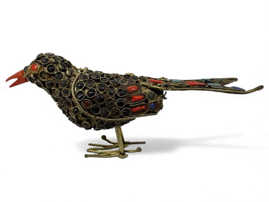 Just Added - Old Nepalese Tibetan Brass Filigree Bird Figurine With Inlaid Stones 4'L
