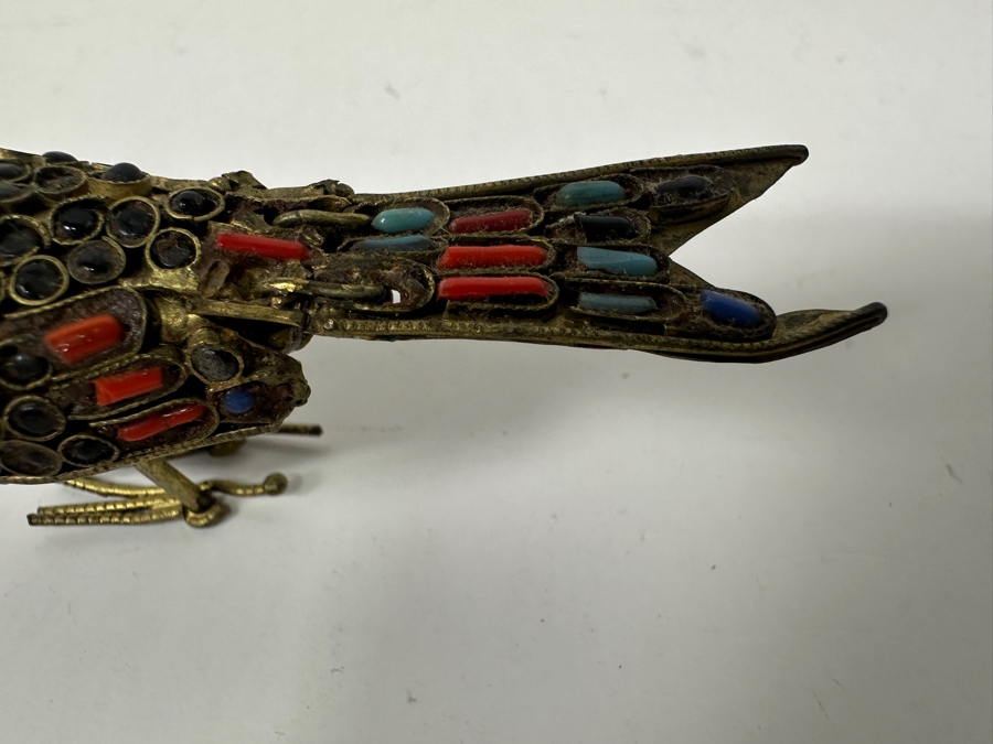 Just Added - Old Nepalese Tibetan Brass Filigree Bird Figurine With Inlaid Stones 4'L [Photo 2]