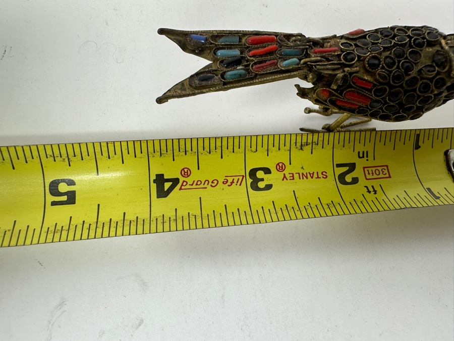 Just Added - Old Nepalese Tibetan Brass Filigree Bird Figurine With Inlaid Stones 4'L [Photo 5]