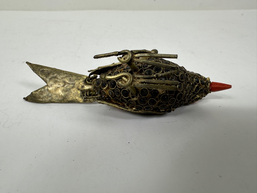 Just Added - Old Nepalese Tibetan Brass Filigree Bird Figurine With Inlaid Stones 4'L [Photo 4]