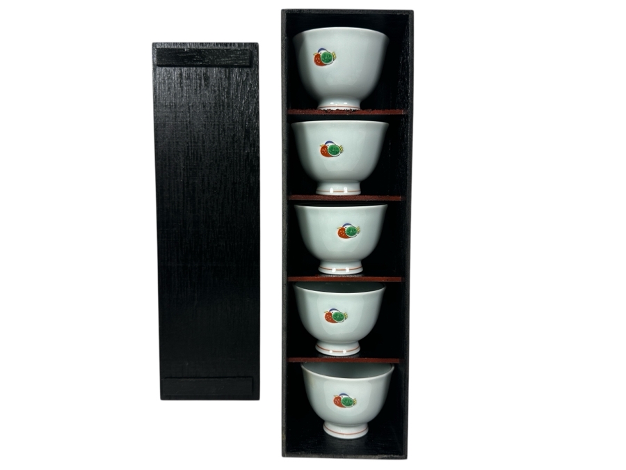 Just Added - (5) Vintage Signed Japanese Tea Bowls With Hand Painted Bird 2.25'H With Wooden Storage Box