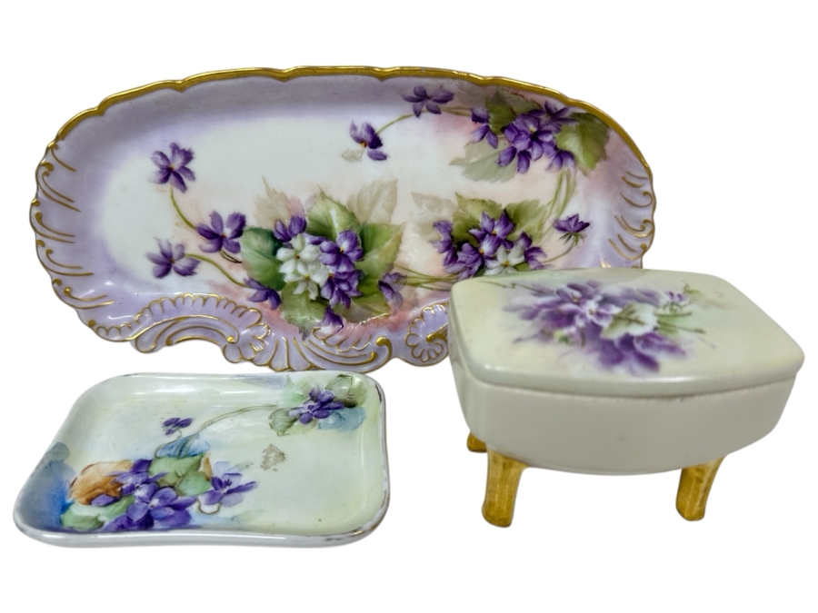 Just Added - Pair Of French Hand Painted Porcelain Trays Trinket Dishes 9'W & 4'W And Vintage Austrian Hand Painted Porcelain Footed Box