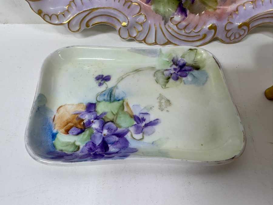Just Added - Pair Of French Hand Painted Porcelain Trays Trinket Dishes 9'W & 4'W And Vintage Austrian Hand Painted Porcelain Footed Box [Photo 3]