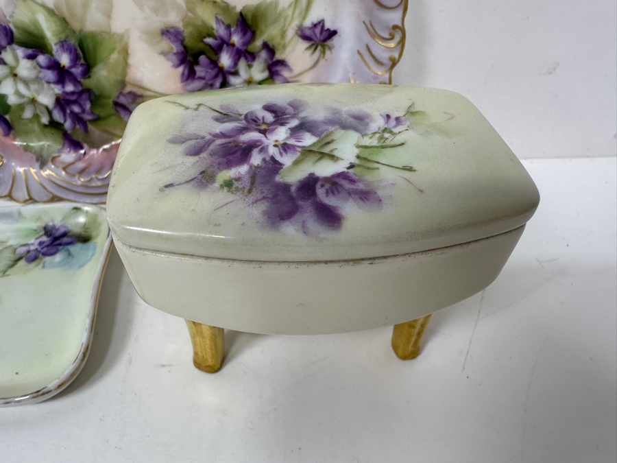 Just Added - Pair Of French Hand Painted Porcelain Trays Trinket Dishes 9'W & 4'W And Vintage Austrian Hand Painted Porcelain Footed Box [Photo 2]