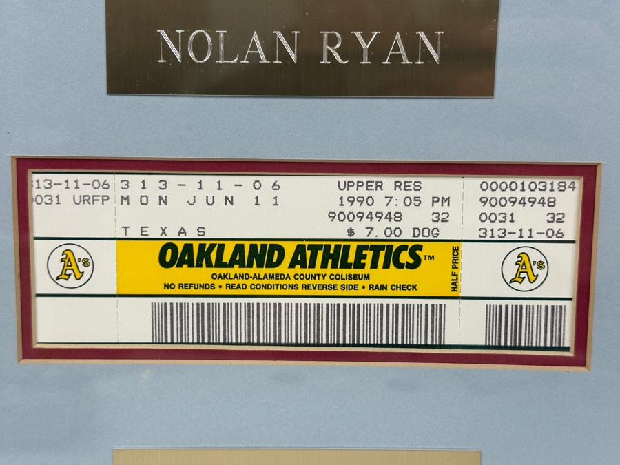 Limited Edition Autographed Nolan Ryan Photograph, Oakland Athletics Unused Baseball Game Ticket When Nolan Ryan Pitched His Sixth No-Hitter On June 11, 1990 And Pair Of Nolan Ryan Baseball Cards All Framed With Cert From Paul Goldin 19.5 X 16 [Photo 7]