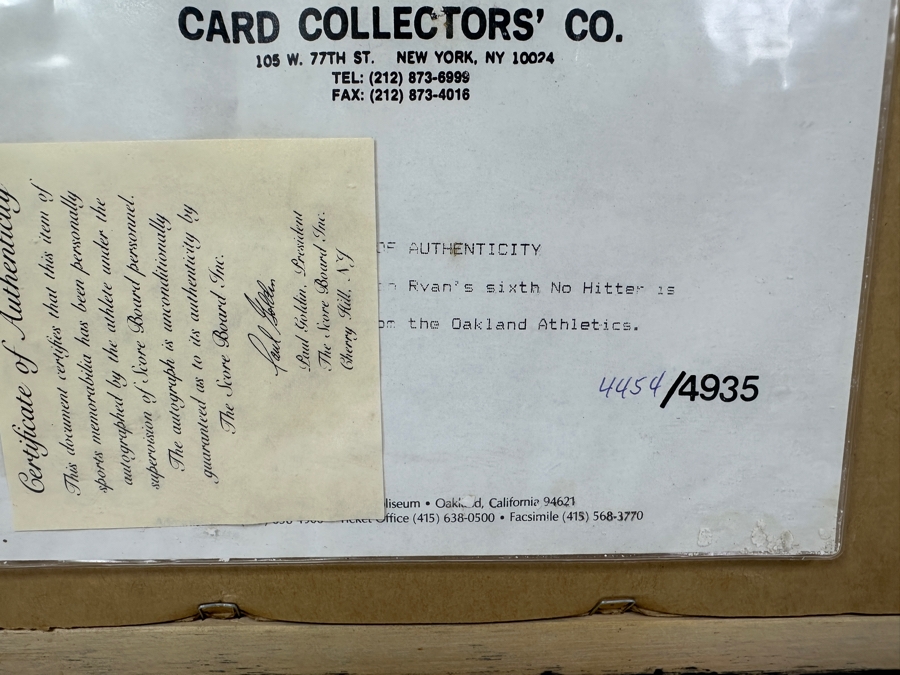 Limited Edition Autographed Nolan Ryan Photograph, Oakland Athletics Unused Baseball Game Ticket When Nolan Ryan Pitched His Sixth No-Hitter On June 11, 1990 And Pair Of Nolan Ryan Baseball Cards All Framed With Cert From Paul Goldin 19.5 X 16 [Photo 14]
