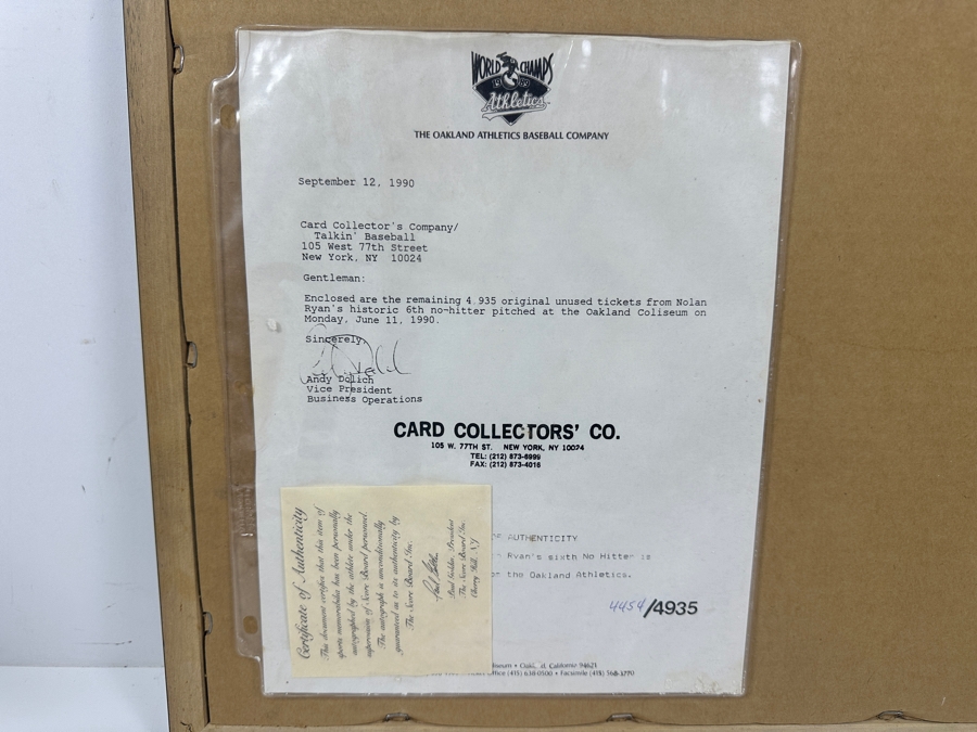 Limited Edition Autographed Nolan Ryan Photograph, Oakland Athletics Unused Baseball Game Ticket When Nolan Ryan Pitched His Sixth No-Hitter On June 11, 1990 And Pair Of Nolan Ryan Baseball Cards All Framed With Cert From Paul Goldin 19.5 X 16 [Photo 11]