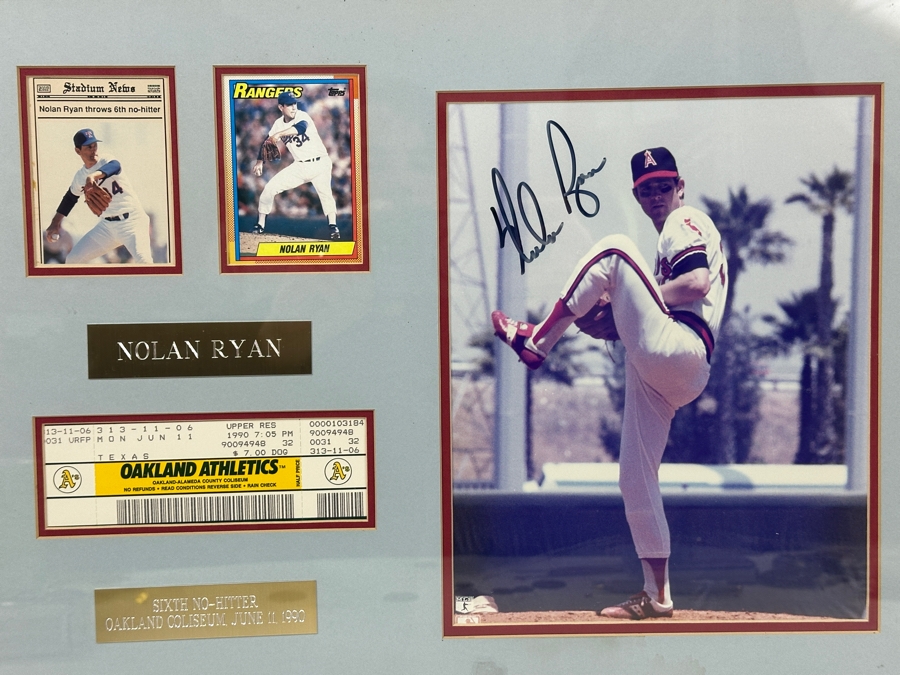 Limited Edition Autographed Nolan Ryan Photograph, Oakland Athletics Unused Baseball Game Ticket When Nolan Ryan Pitched His Sixth No-Hitter On June 11, 1990 And Pair Of Nolan Ryan Baseball Cards All Framed With Cert From Paul Goldin 19.5 X 16 [Photo 2]