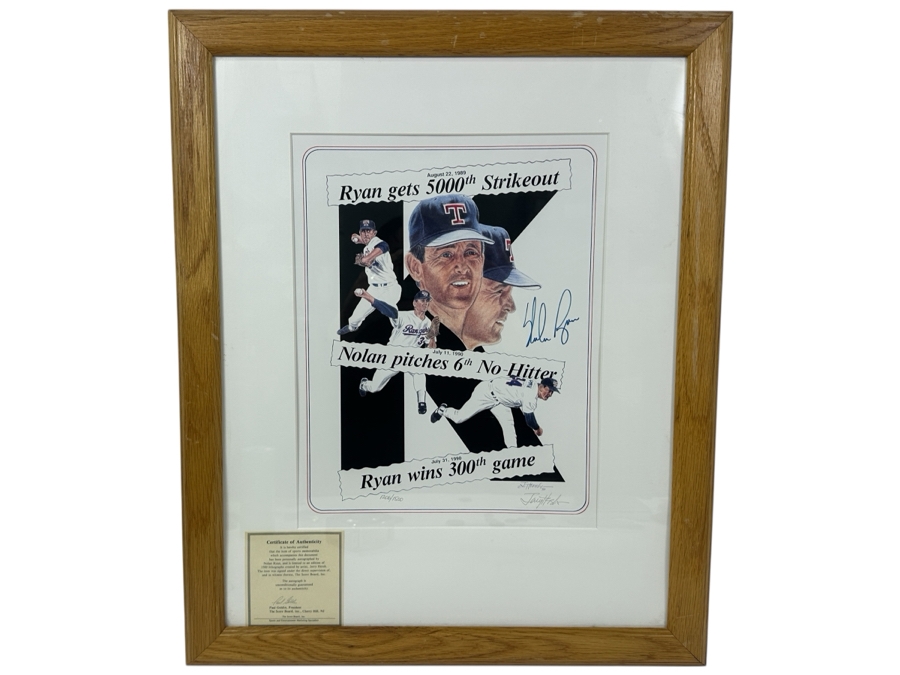 Limited Edition Autographed Nolan Ryan Print By Jerry Hersh Numbered 1,206 Of 1,500 With Cert From Paul Goldin Signed By Nolan Ryan And Artist Jerry Hersh 10 X 13 Framed 18.5 X 22.5 [Photo 2]