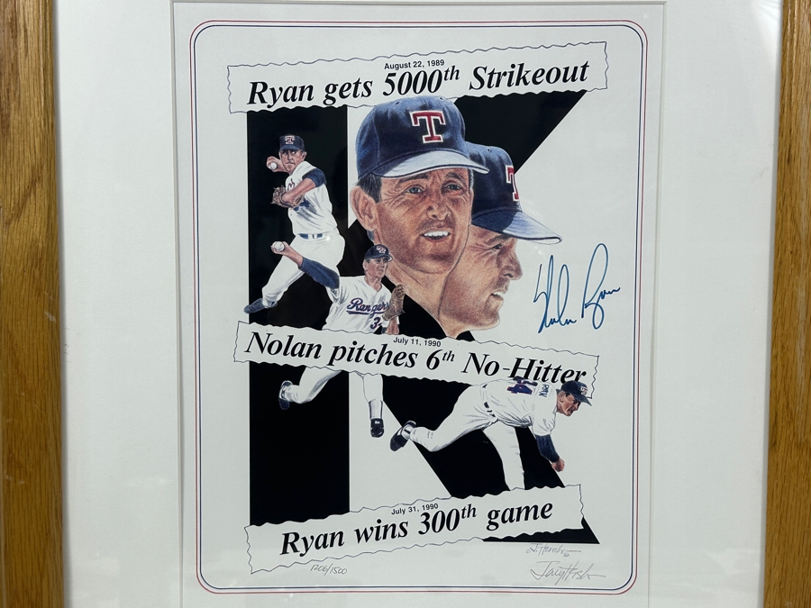 Limited Edition Autographed Nolan Ryan Print By Jerry Hersh Numbered 1,206 Of 1,500 With Cert From Paul Goldin Signed By Nolan Ryan And Artist Jerry Hersh 10 X 13 Framed 18.5 X 22.5 [Photo 3]