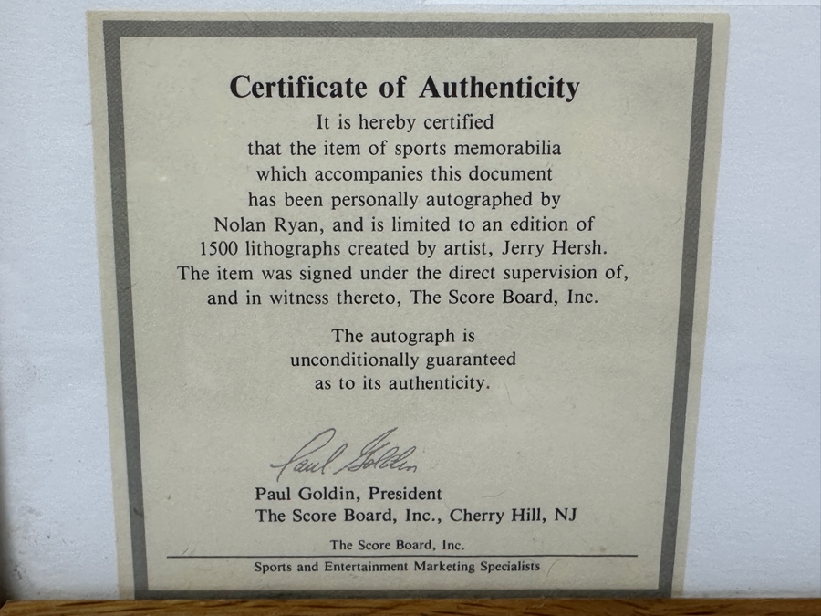 Limited Edition Autographed Nolan Ryan Print By Jerry Hersh Numbered 1,206 Of 1,500 With Cert From Paul Goldin Signed By Nolan Ryan And Artist Jerry Hersh 10 X 13 Framed 18.5 X 22.5 [Photo 10]