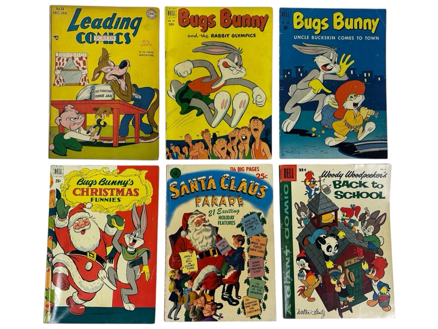 (6) Vintage 1950s Comic Books: 10 cent Dell Bugs Bunny, 10 Cent DC Comics Leading Comics, Dell Bugs Bunny's Christmas Funnies, Dell Santa Claus Parade & Dell Woody Woodpecker's Back To School