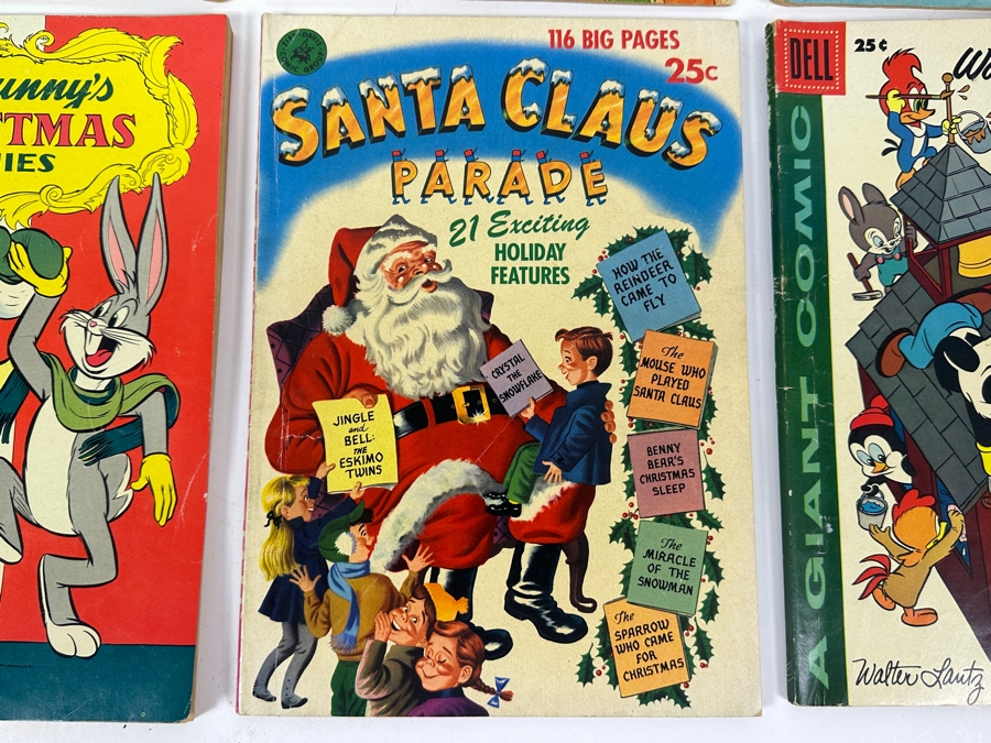 (6) Vintage 1950s Comic Books: 10 cent Dell Bugs Bunny, 10 Cent DC Comics Leading Comics, Dell Bugs Bunny's Christmas Funnies, Dell Santa Claus Parade & Dell Woody Woodpecker's Back To School [Photo 2]
