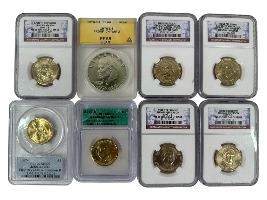 Eight Professionally Graded Dollars Including Eisenhower, Susan B Anthony And Presidential Coins