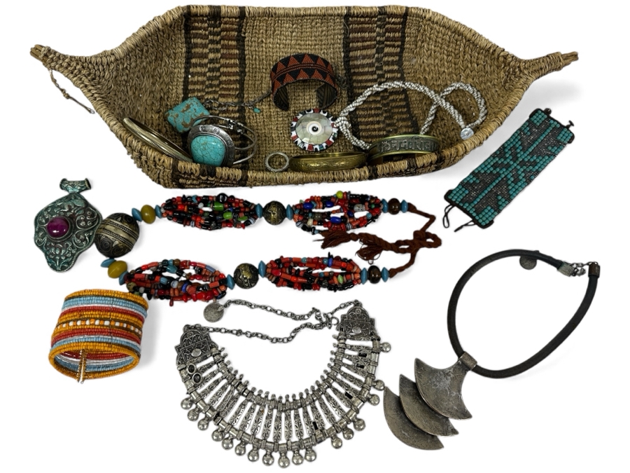 Just Added - Collection Of Various Jewelry And Woven Basket 19'L