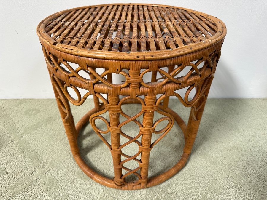 Just Added - Vintage Rattan Round Side Table 17.5W X 17.5H [Photo 2]