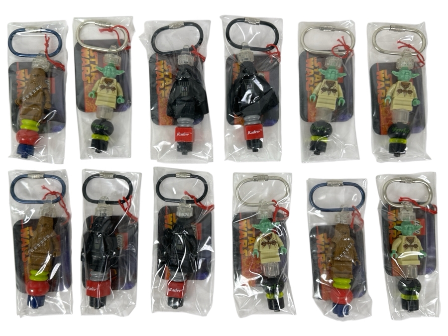 (12) New Factory Sealed Star Wars LEGO Themed Keychains Featuring Yoda, Darth Vader & Chewbacca