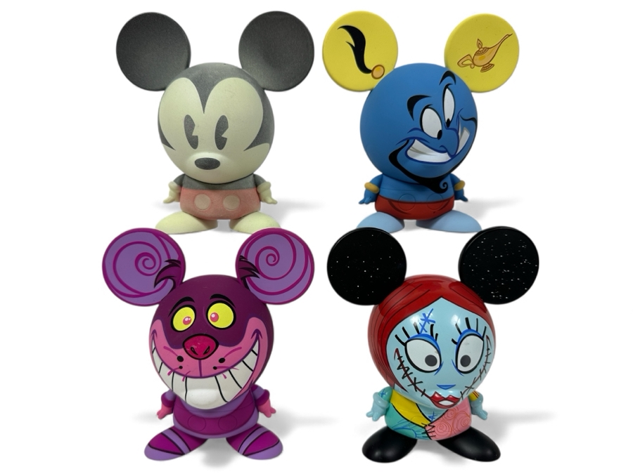 (4) Disney Shorts Vinyl Collectible Toy Art By Francisco Herrera: Mickey Mouse, Cheshire Cat From Disney's Alice In Wonderland, Genie Aladdin & Sally From Tim Burton's The Nightmare Before Christmas - Some Prototypes Directly From The Manufacturer 4.5'H