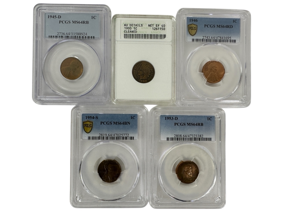 Five Professionally Graded Indian and Lincoln Wheat Cents
