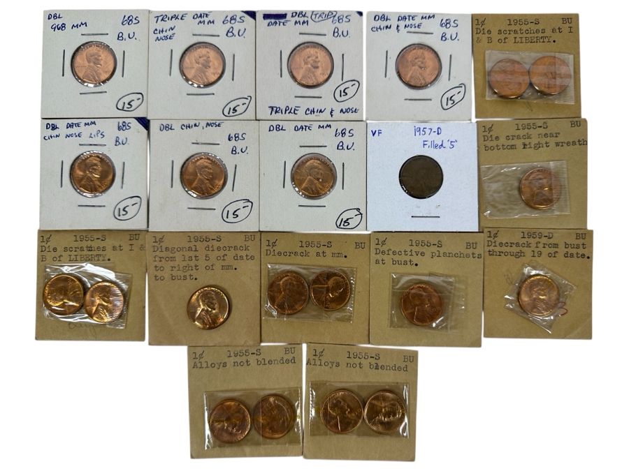 Twenty-Two Lincoln Cent Errors Many Bright Red Wheat Cents in Original Vintage Holders and Envelopes