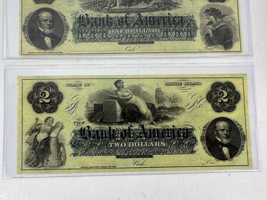 $1 and $2 Early 1800’s Bank of America Rhode Island Uncirculated Unissued Remainder Notes [Photo 3]