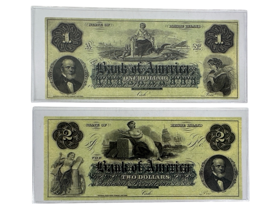$1 and $2 Early 1800’s Bank of America Rhode Island Uncirculated Unissued Remainder Notes
