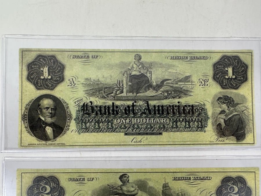 $1 and $2 Early 1800’s Bank of America Rhode Island Uncirculated Unissued Remainder Notes [Photo 2]