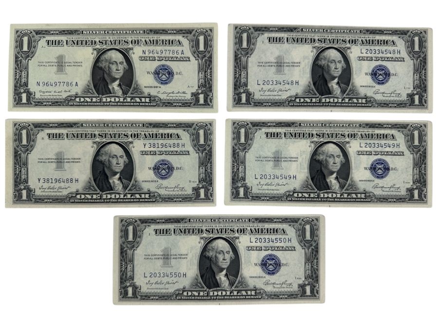 Five Uncirculated Silver Certificates with 3 Consecutive