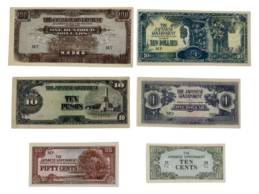 Collection of 6 Different Uncirculated World War II Japanese Invasion Money Notes