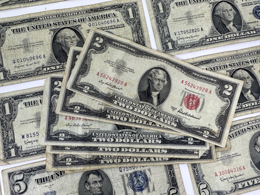 $63 Face Value, 47 Notes, $1, $2 & $5 Red Seals and Blue Seals Obsolete US Currency [Photo 2]