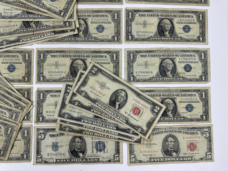 $63 Face Value, 47 Notes, $1, $2 & $5 Red Seals and Blue Seals Obsolete US Currency [Photo 9]