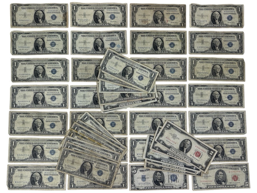 $63 Face Value, 47 Notes, $1, $2 & $5 Red Seals and Blue Seals Obsolete US Currency