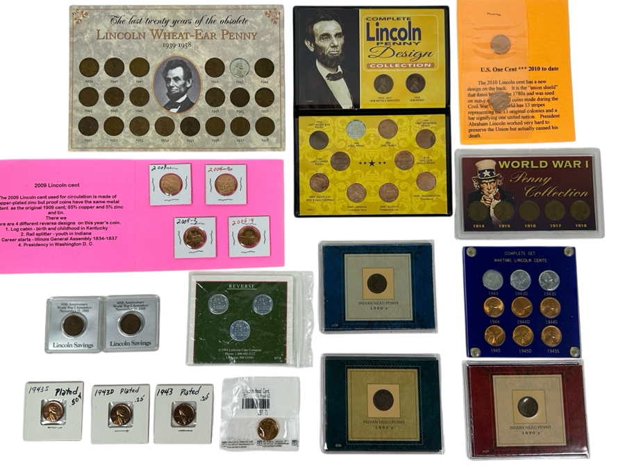 Vintage Penny Collection Featuring Lincoln Memorial Pennies, Wheat Pennies, Steel Pennies - See Photos