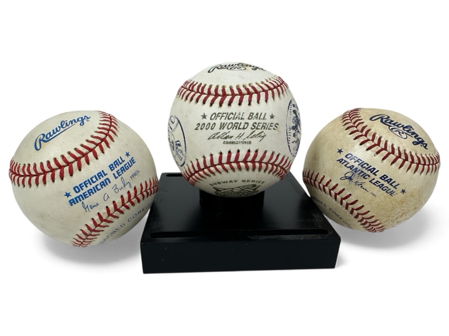 Special Baseballs including Official 2000 World Series Yankees vs Mets Subway Series, Unsigned Official American League Ball and Unsigned Official Game Used Atlantic League Game Ball