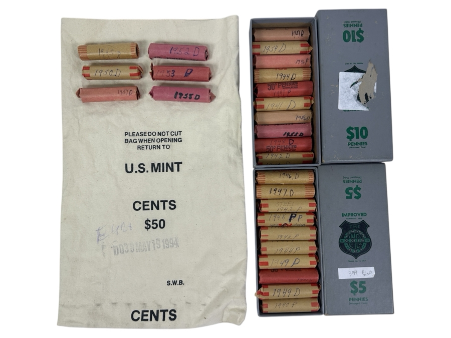 (26) Different Date & Mintmark Solid Date Rolls of Wheat Cents in Canvas US Mint Bag