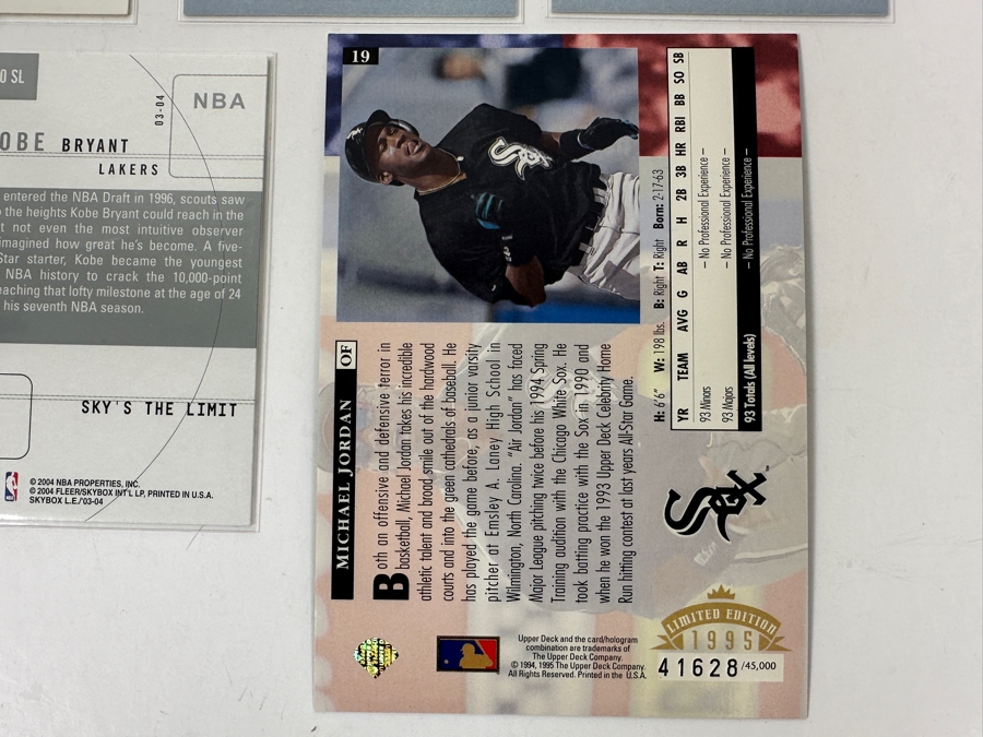 (2) Michael Jordan North Carolina College Cards, (1) Michael Jordan Fleer 93-94 Card, (1) Michael Jordan White Sox Rookie Limited Edition Baseball Card & (1) Limited Edition Skybox Kobe Bryant 2003-2004 Fleer Card [Photo 12]