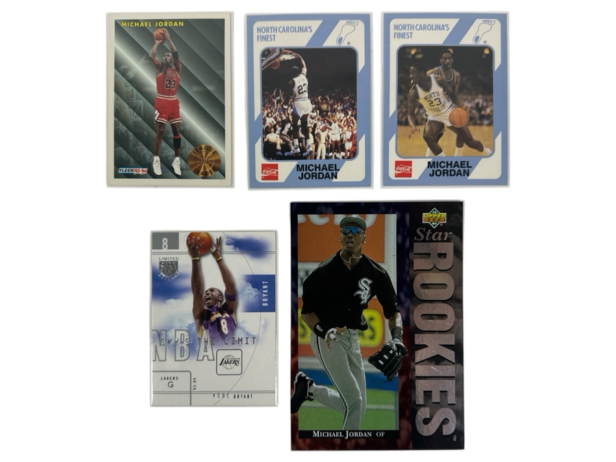 (2) Michael Jordan North Carolina College Cards, (1) Michael Jordan Fleer 93-94 Card, (1) Michael Jordan White Sox Rookie Limited Edition Baseball Card & (1) Limited Edition Skybox Kobe Bryant 2003-2004 Fleer Card