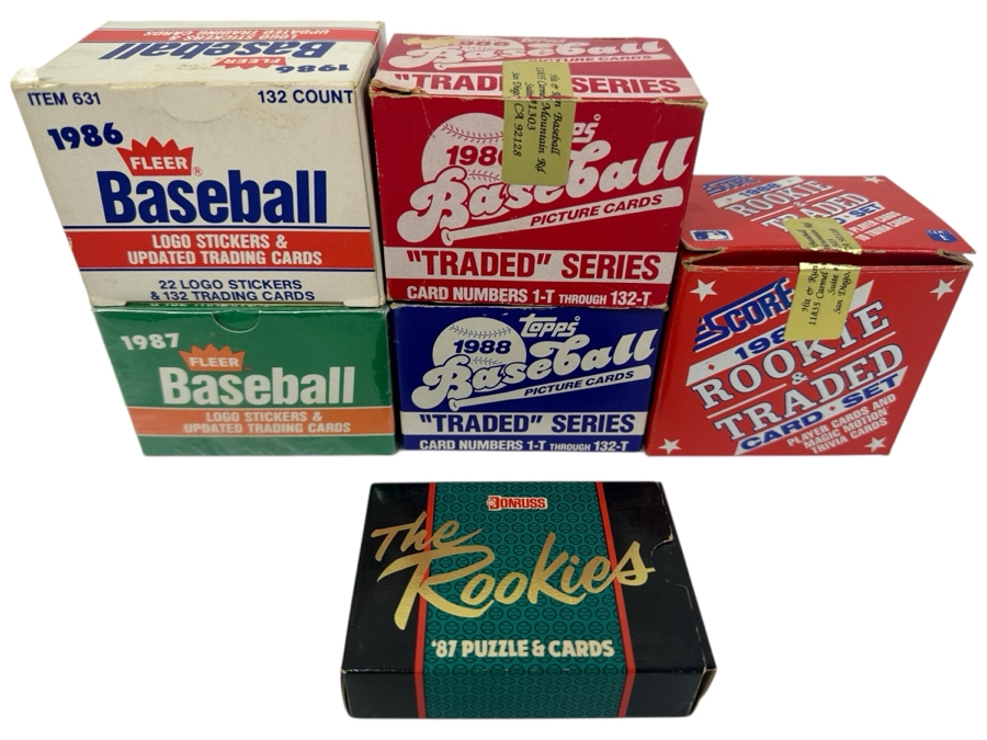 1986 & 1988 Topps Rookies/Traded, 1986 & Factory Sealed 1987 Fleer Rookies/Traded, 1987 Donruss Rookies & 1988 Score Rookies Baseball Cards Factory Sets